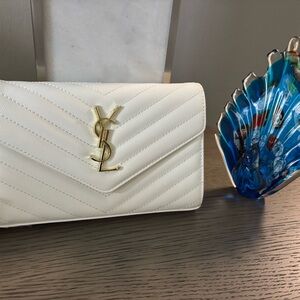 Cream Quilted Leather Envelope Clutch with Gold Hardware